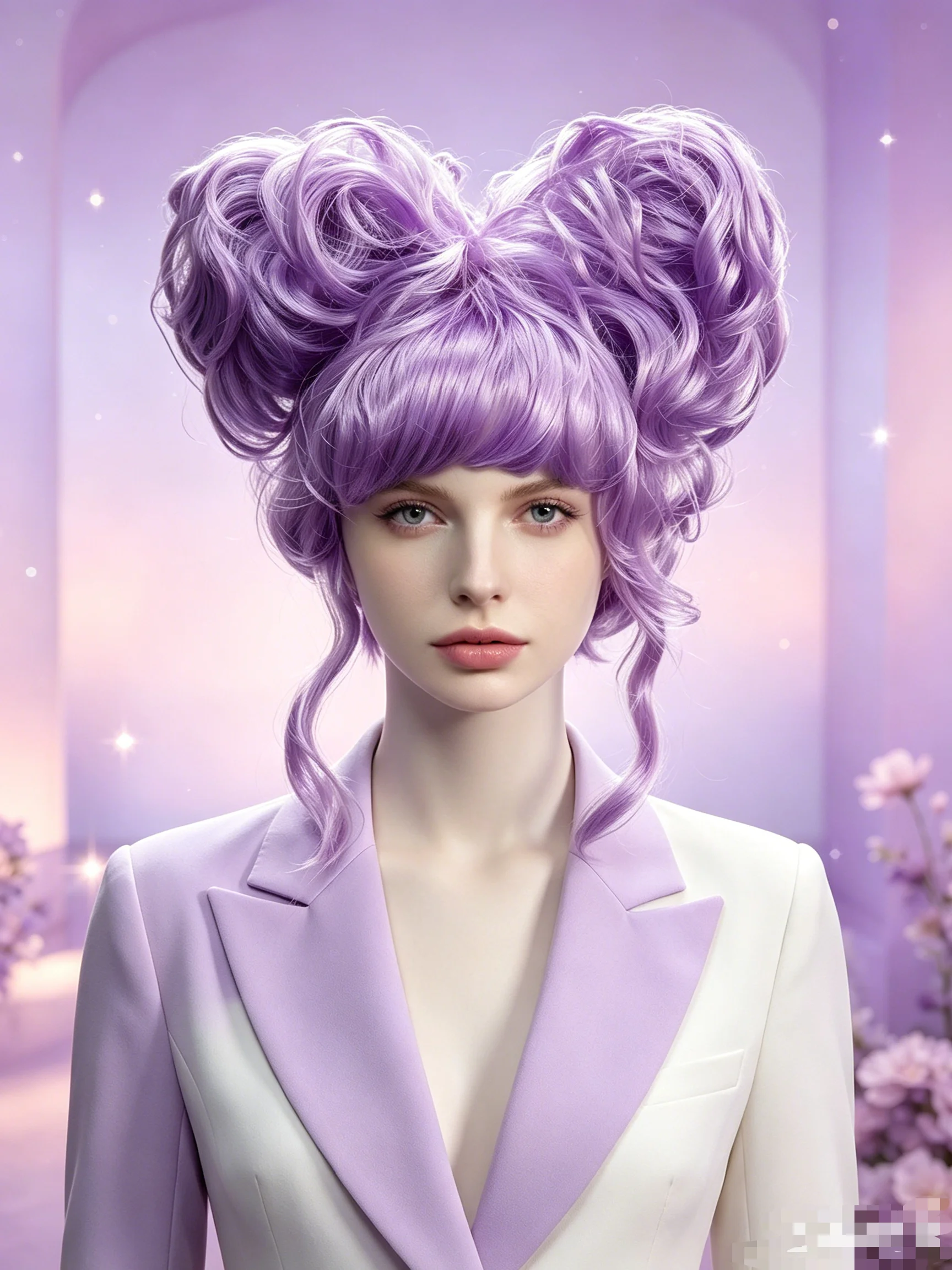 Light Purple Double Buns Curly Synthetic Wig Bangs Women Sweet Anime Halloween Party Cosplay Costume Hairpiece