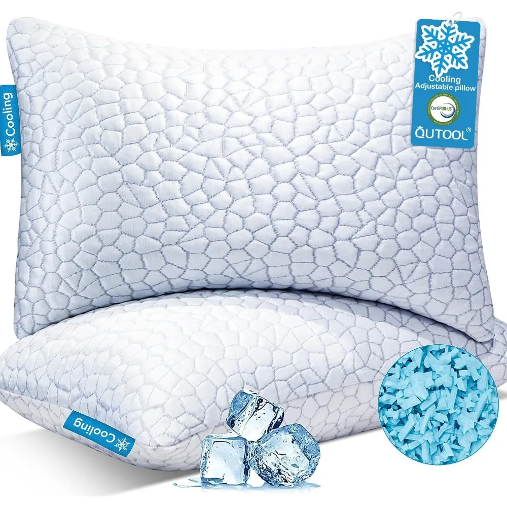 Cooling Memory Foam Pillow 2 Pack, Adjustable Firmness for Side Back Stomach Sleepers, Queen Size Set with Breathable Cover