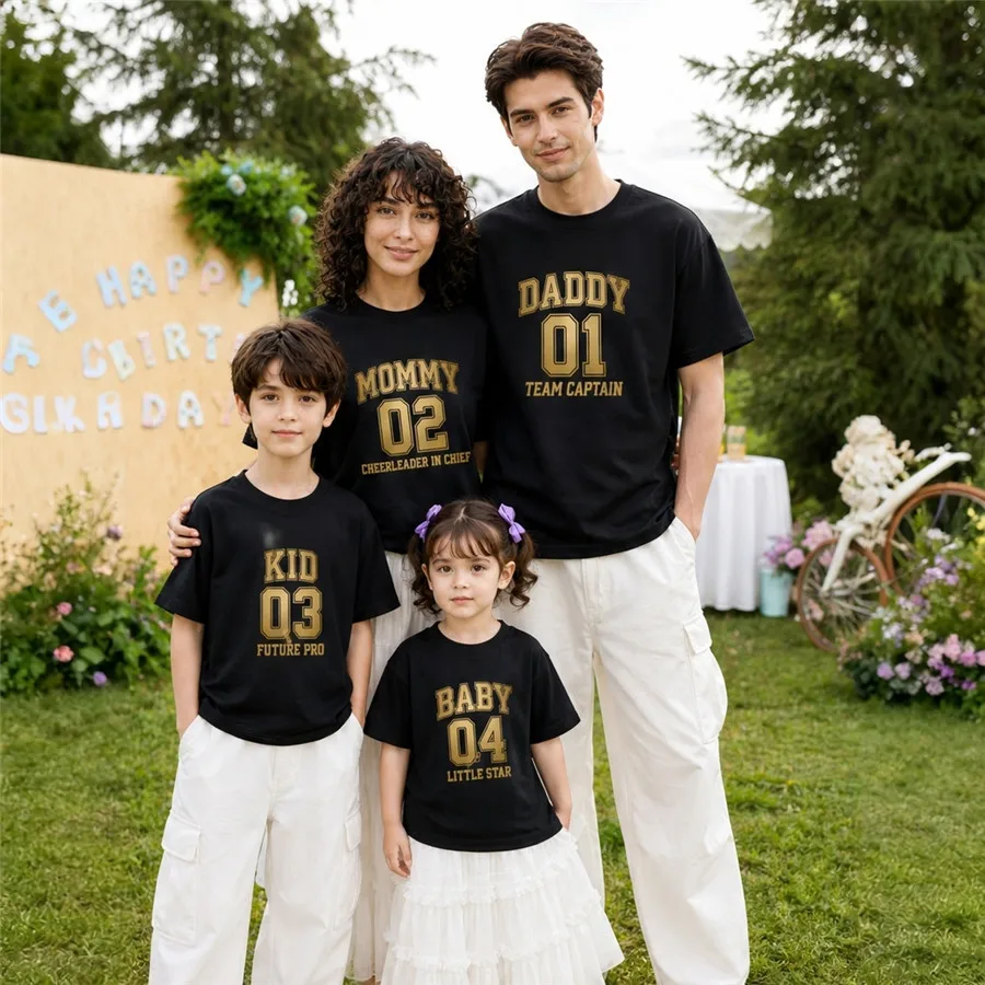 Daddy 01 Mommy 02 Family Matching T‑Shirt, 100% Cotton Number Print Dad Mom Kid Baby Tee for Family Photoshoot Birthday