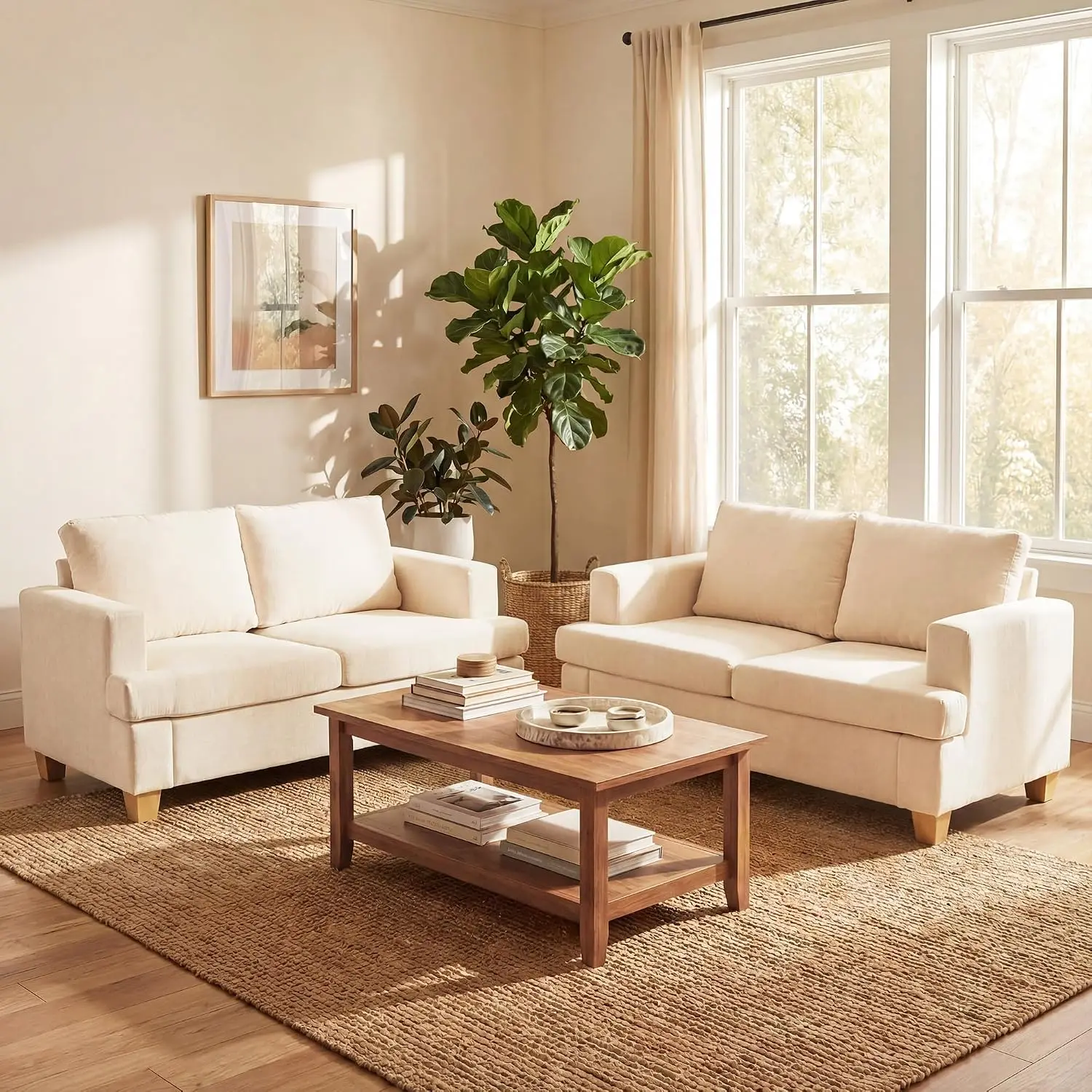 2 Piece Set Comfy Sofa Couch, Loveseat Sofa * 2 with Deep Seats, Modern Sleeper Couch for Living Room, Beige, Customized
