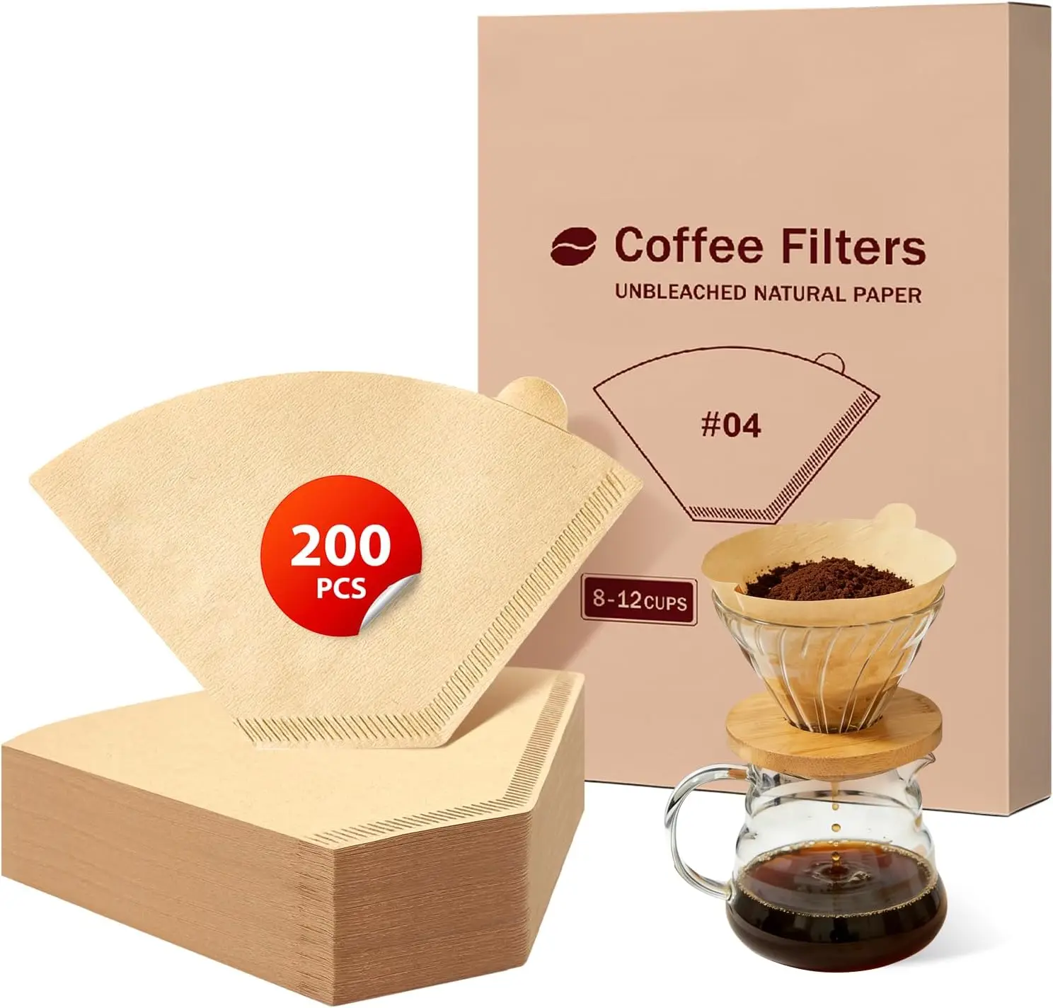 

200 Unbleached Cone Coffee Filters #4, 8-12 Cup, Natural Paper for Pour Over & Drip Makers
