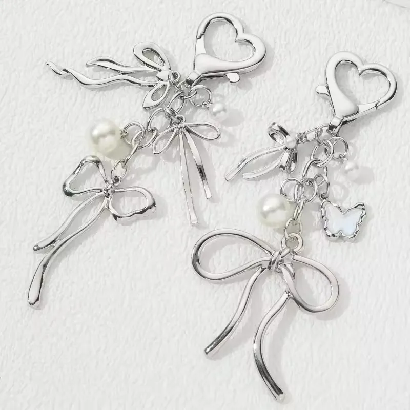Butterfly Bow Knot Pearl Enamel Keychain Flying Insect Key Ring for Women Girls Handmade Y2K Pretty Jewelry Accessories Gifts