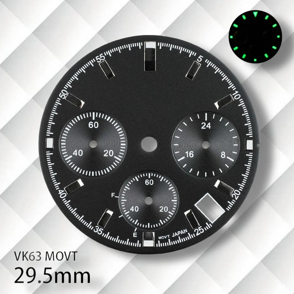 29.5mm S 로고 DTN 팬더 다이얼 VK63 무브먼트 호환 녹색 야광 최신 스타일 다이얼 시계 개조 액세서리