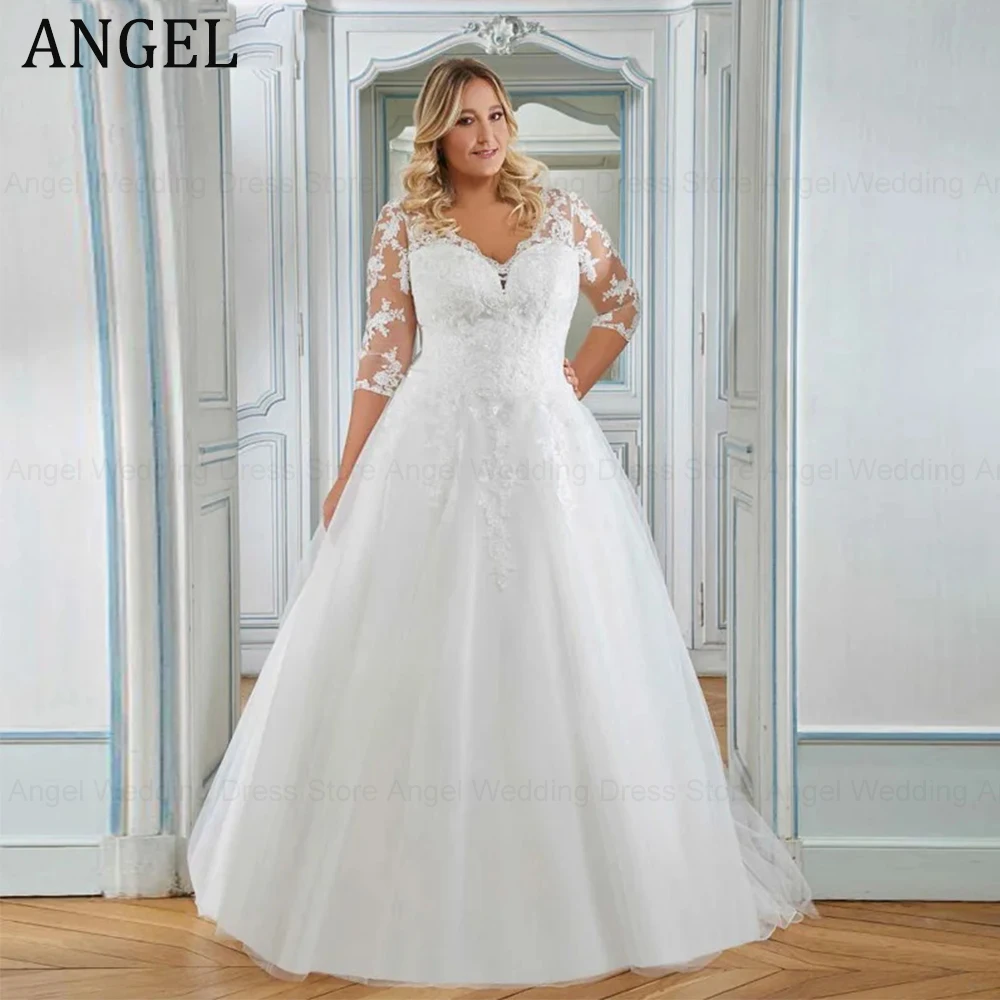 

ANGEL Elegant Plus Size Wedding Dresses V-Neck Applique 3/4 Sleeves Bridal Gowns A-Line Sweep Train robe de mariée bohème