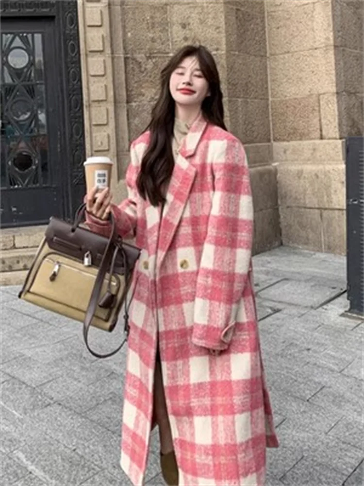 Pink Plaid Woolen Coats Woman 2024 New autumn and Winter Thick Warm High-quality Long-sleeved Frenulum Over-the-knee Woolen Coat