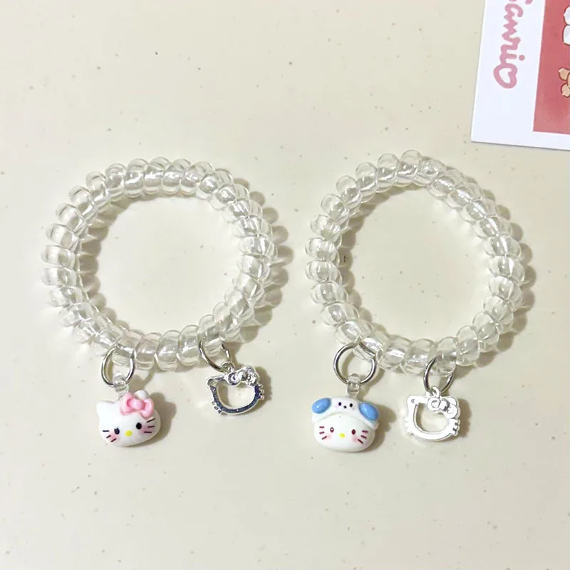 

Hello Kitty Cartoon Pendant Transparent Phone Coil Ponytail Hair Rope Bear Pendant Bracelet Ball Head Women Hair Accessories