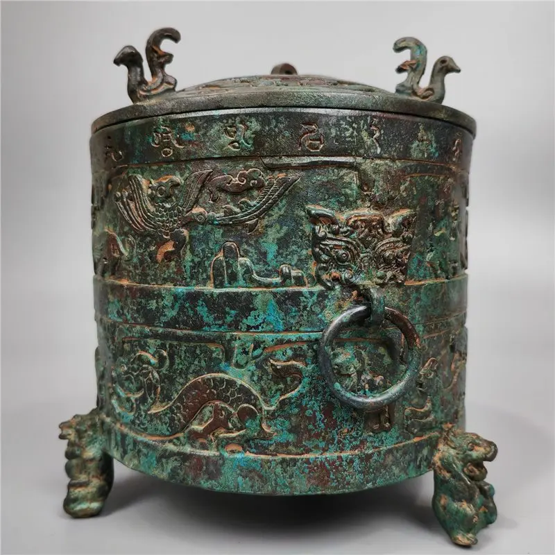 Bronze Artifact Display Collection Cang Inscription Seal Carving Oracle Bone Red Spot Green Embroidery Peacock Blue Museum Antiq