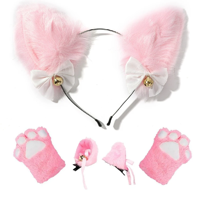 4pcs Lovely Cat Ear Hair Wear Set Claw Gloves Girls Anime Cosplay Costume Plush Cat Fur Ear Hairband Night Party Club Headbands