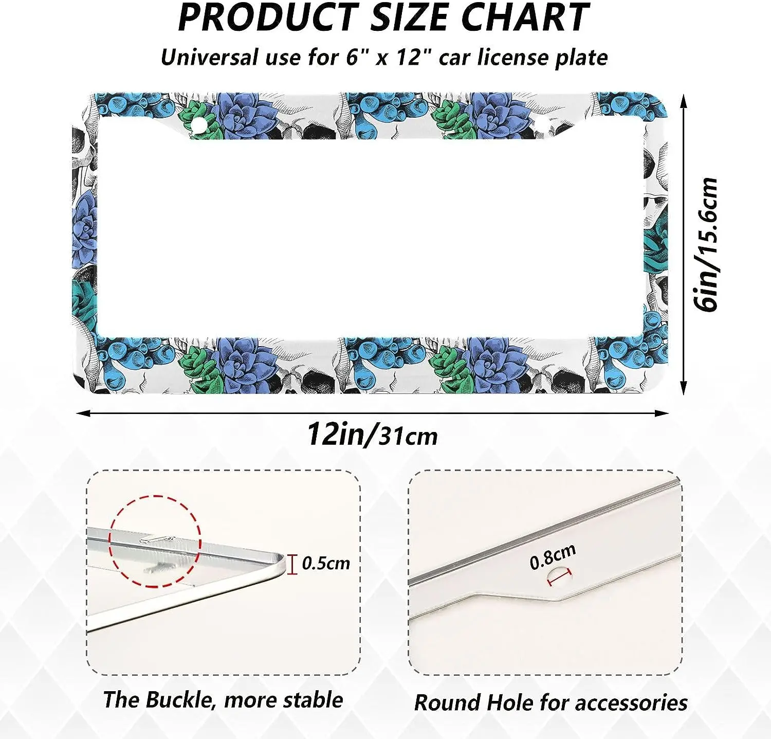 Blue Floral Skull White License Plate Frame 2 Pack License Plate Holder with 2 Holes Car Tag Frame for Women Men US Vehicles