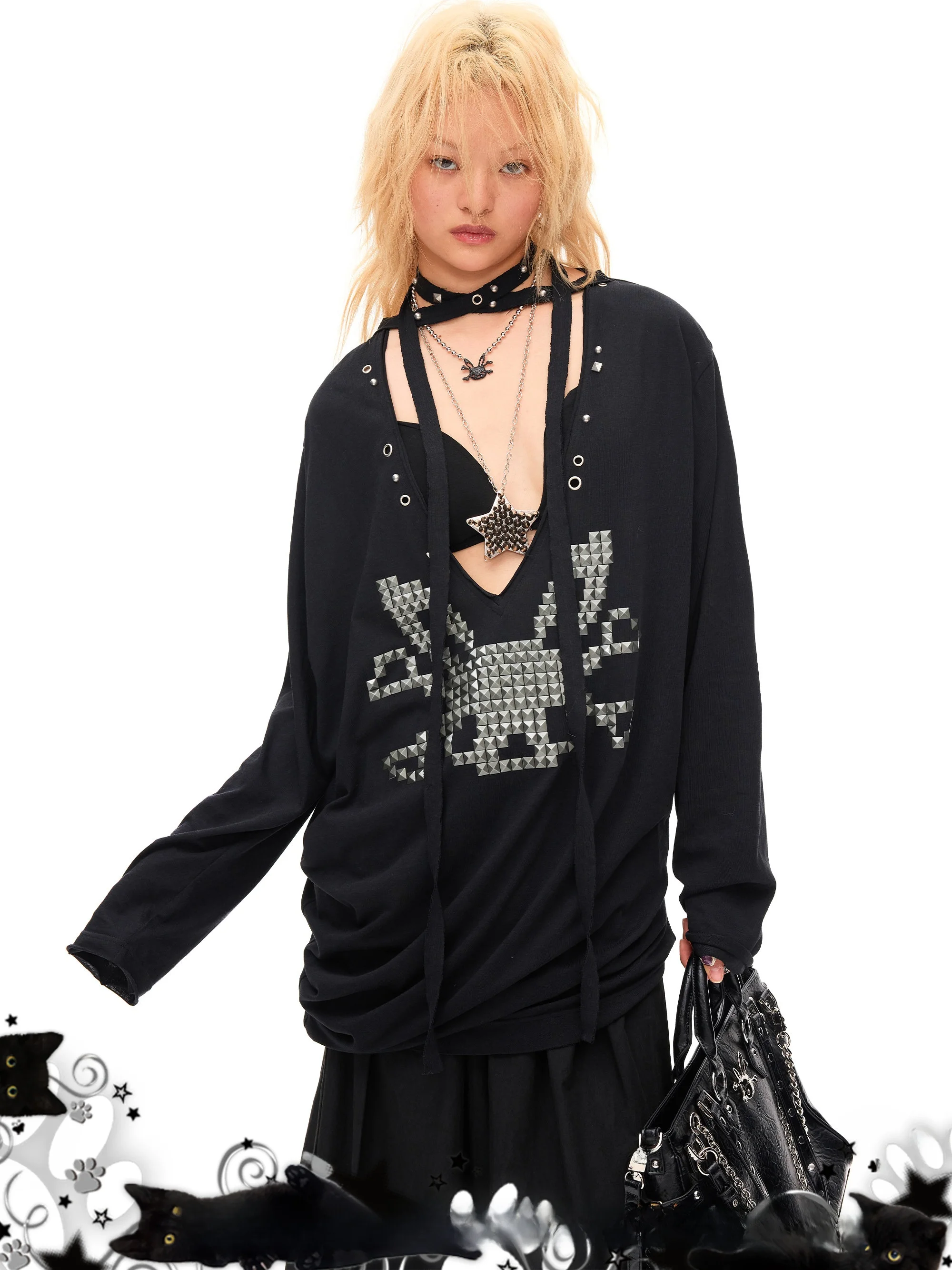 

CFIERCE Punk Style Rabbit Skull Deep V Folded Top Cotton Linen Loose Fit Long Sleeve T-Shirt for Women Spring Season