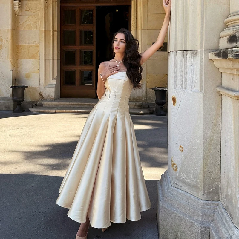 

Thinyfull Simple A-Line Prom Evening Dresses Strapless Tea Length Party Dress Sexy Maxi Night Cocktail Prom Gowns Customized