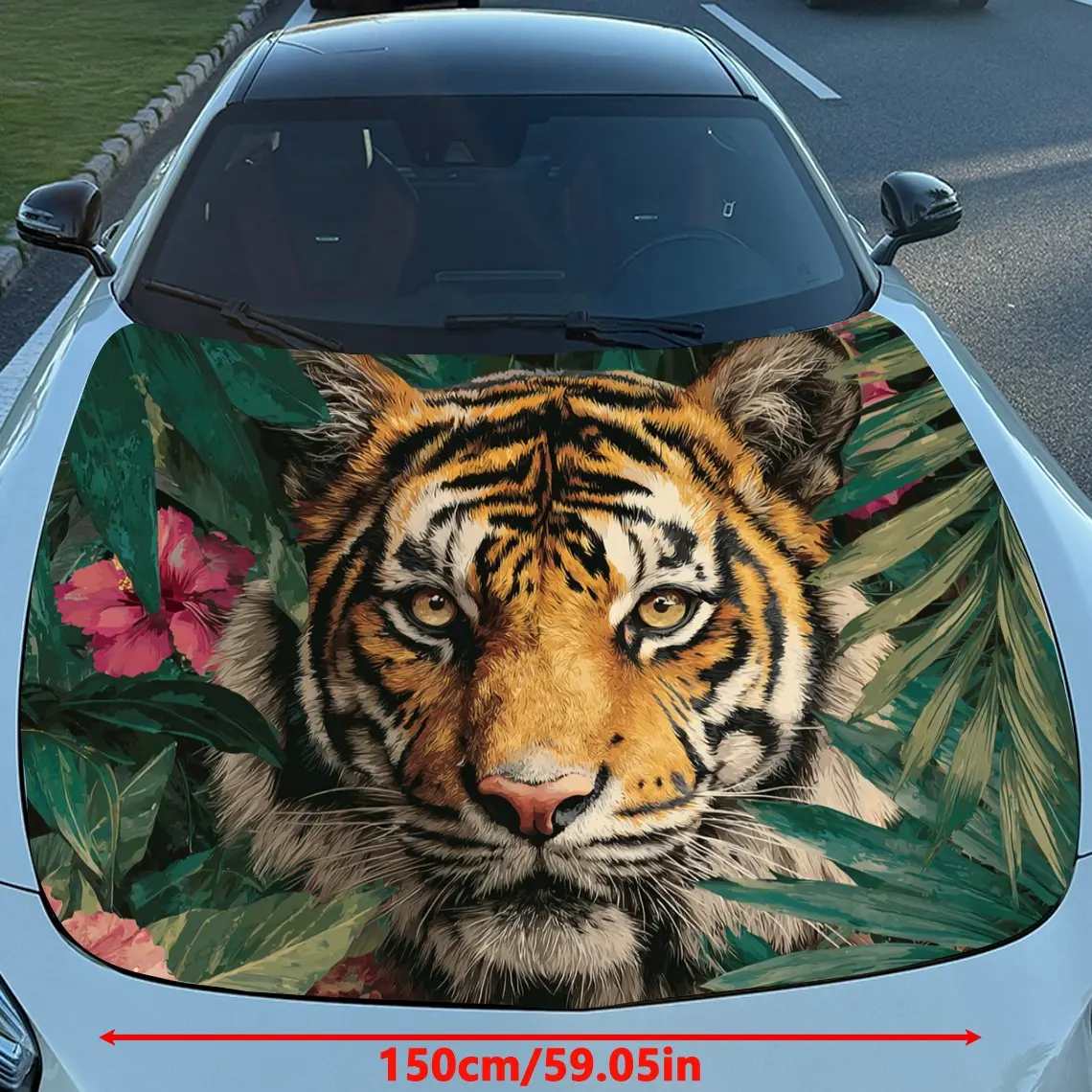 Car Decals Tiger in Tropical Foliage Design with a Tiger Amid Green Leaves and Pink Flowers, Exuding a Vibrant and Lively Aura C