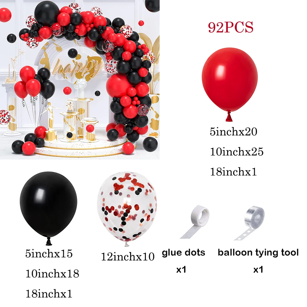 1Set Red Black Balloon Garland Arch Kit Confetti Party 1st Birthday Decor Ballon BBQ Casino Graduation Baby Shower Helium Globos