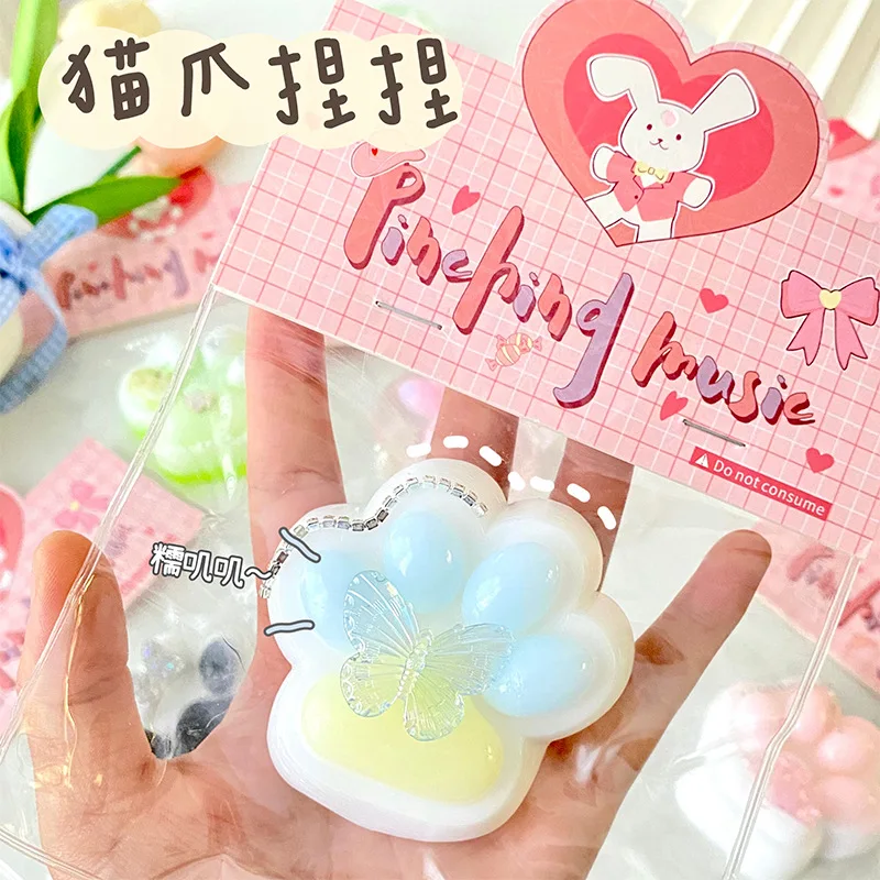 Cute Butterfly Cat Paw Slow Rebound Squeeze Toy Super Soft Stress Relief Sensory Toys Cartoon Sticky Netflix Cat Paw Kids Gifts