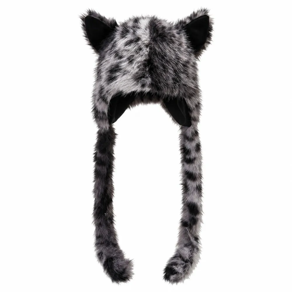 Cat Ears Headwear Long Braids Earflap Hat Thick Soft Texture Faux Fur Cap Leopard Pattern Cozy Lining Winter Fluffy Hat Skiing