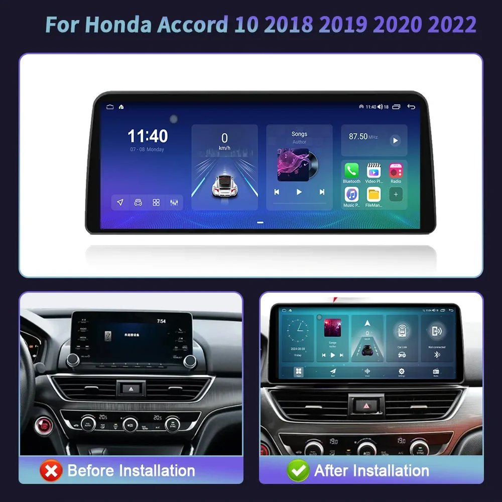 Android 14 For Honda Accord 10 2018 2019 2020 2022 Car Radio Multimedia 12.3inch Screen Navigation 4G Wireless BT CarPlay Stereo