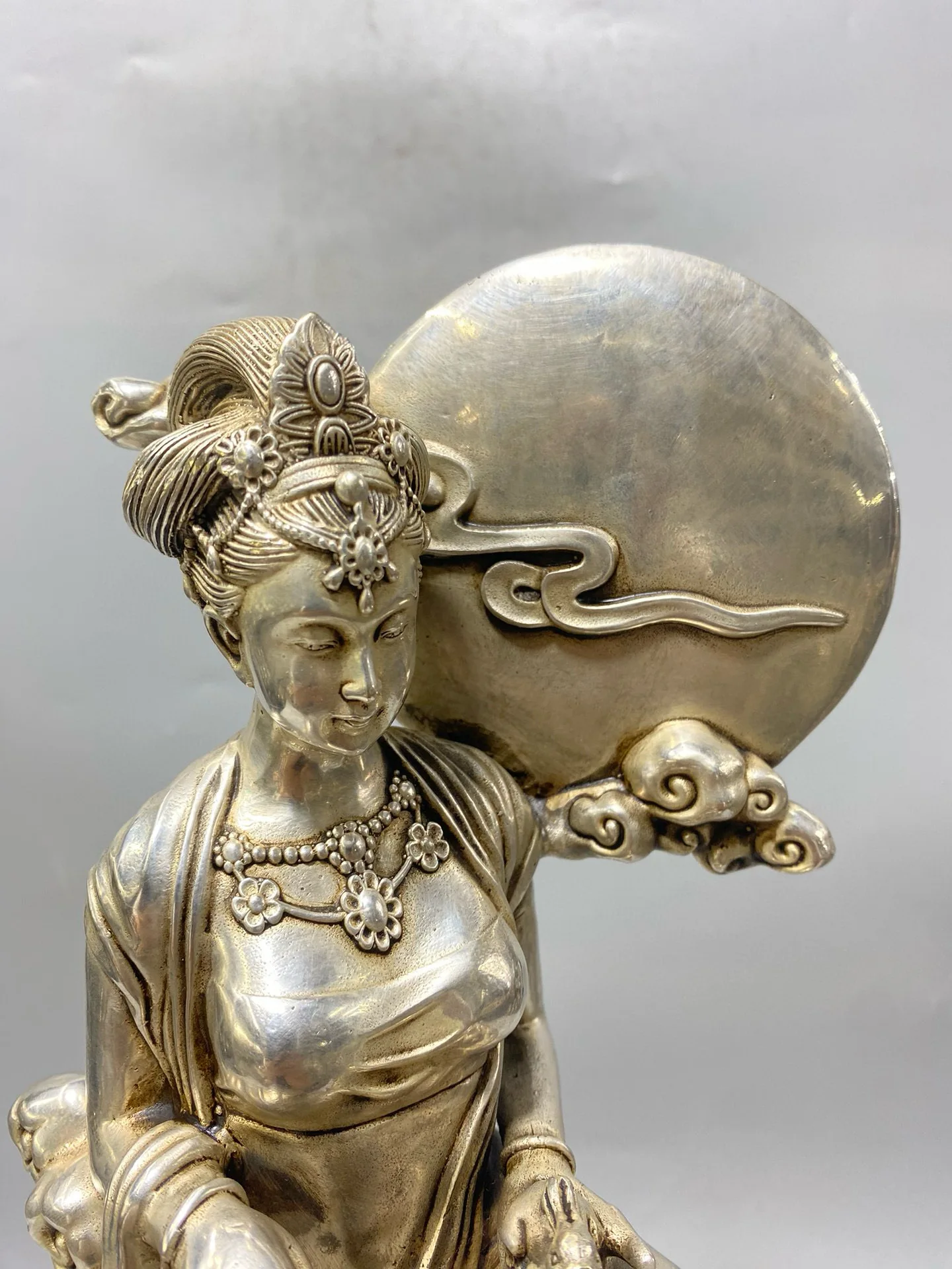 Old Bronze Gilded Silver The Goddess  Chang'e fly to the moon moon Sitting statue Worship Hall Town house
