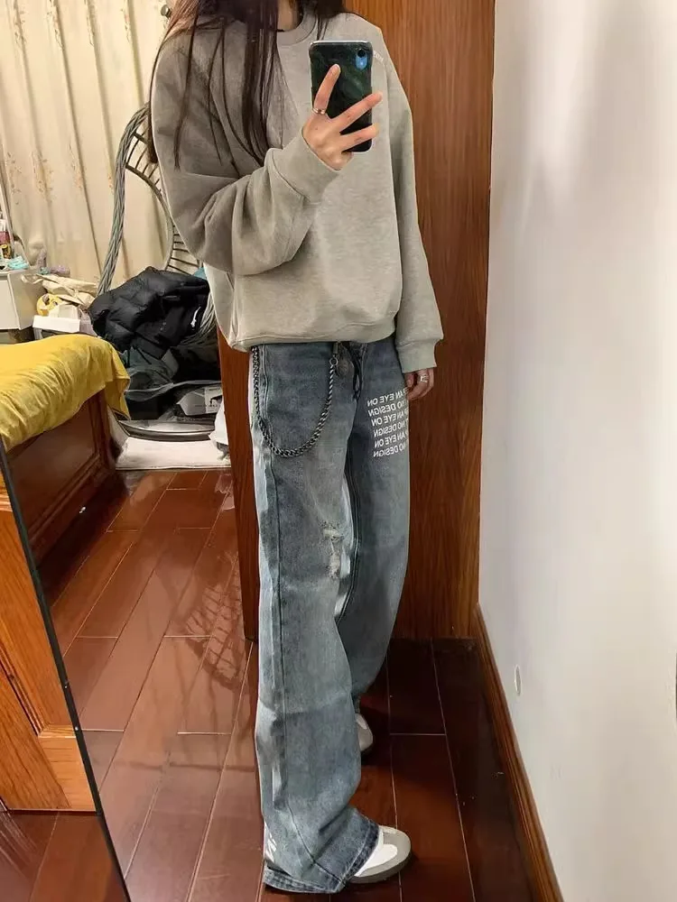 

American High Street Retro Print Design Bell Bot Jeans Men Women Spring Autumn Loose Slim Straight Long Trendy Jeans
