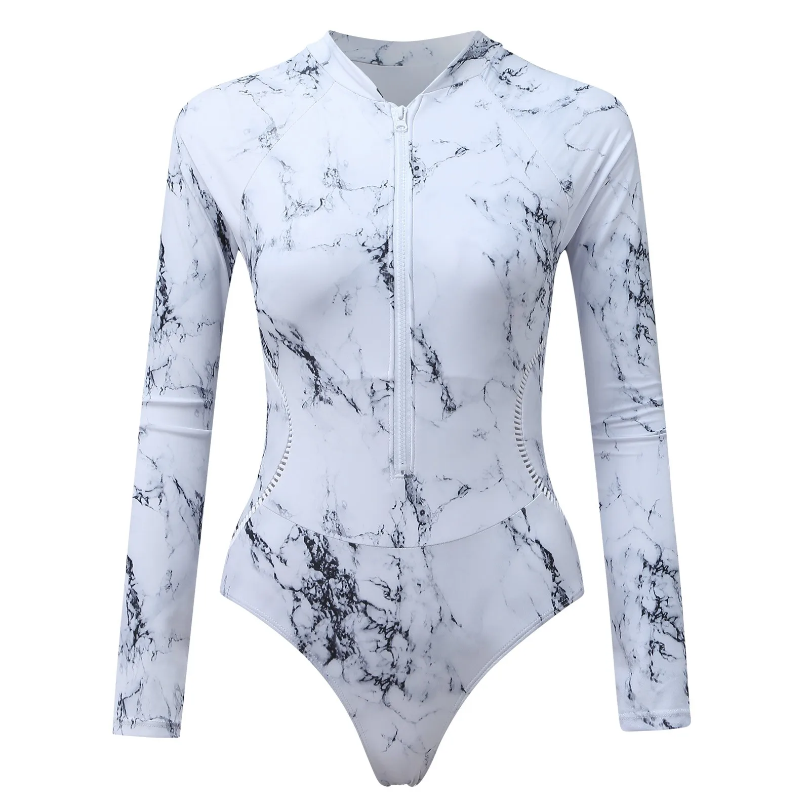 Lady Summer Print Zipper One Piece Swimsuit Closed Long Sleeve Swimwear Sports Surfing Women\'S Swimming Bathing Beach Bather