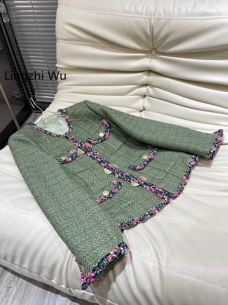 Lingzhi Wu French Ladies Green Elegant Top Quality Outerwear Female 2024 Spring Autumn Tweed Outwear O-Neck Patchwork NewArrival