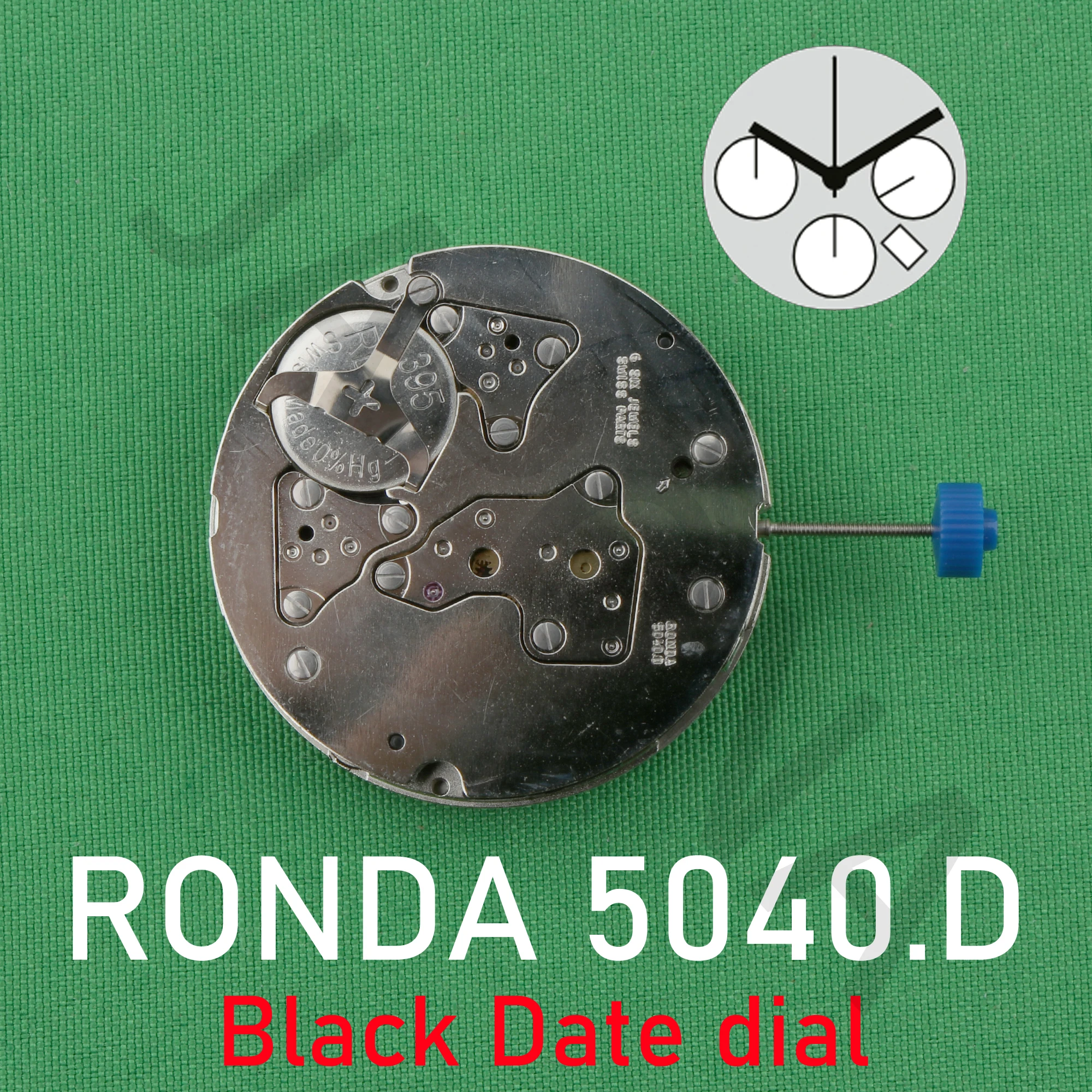 Ronda-reloj con movimiento 5040.D, accesorio de pulsera con movimiento 5040, núcleo de movimiento blanco, piezas Swiss, 6 joyas/Esfera de fecha negra niquelada