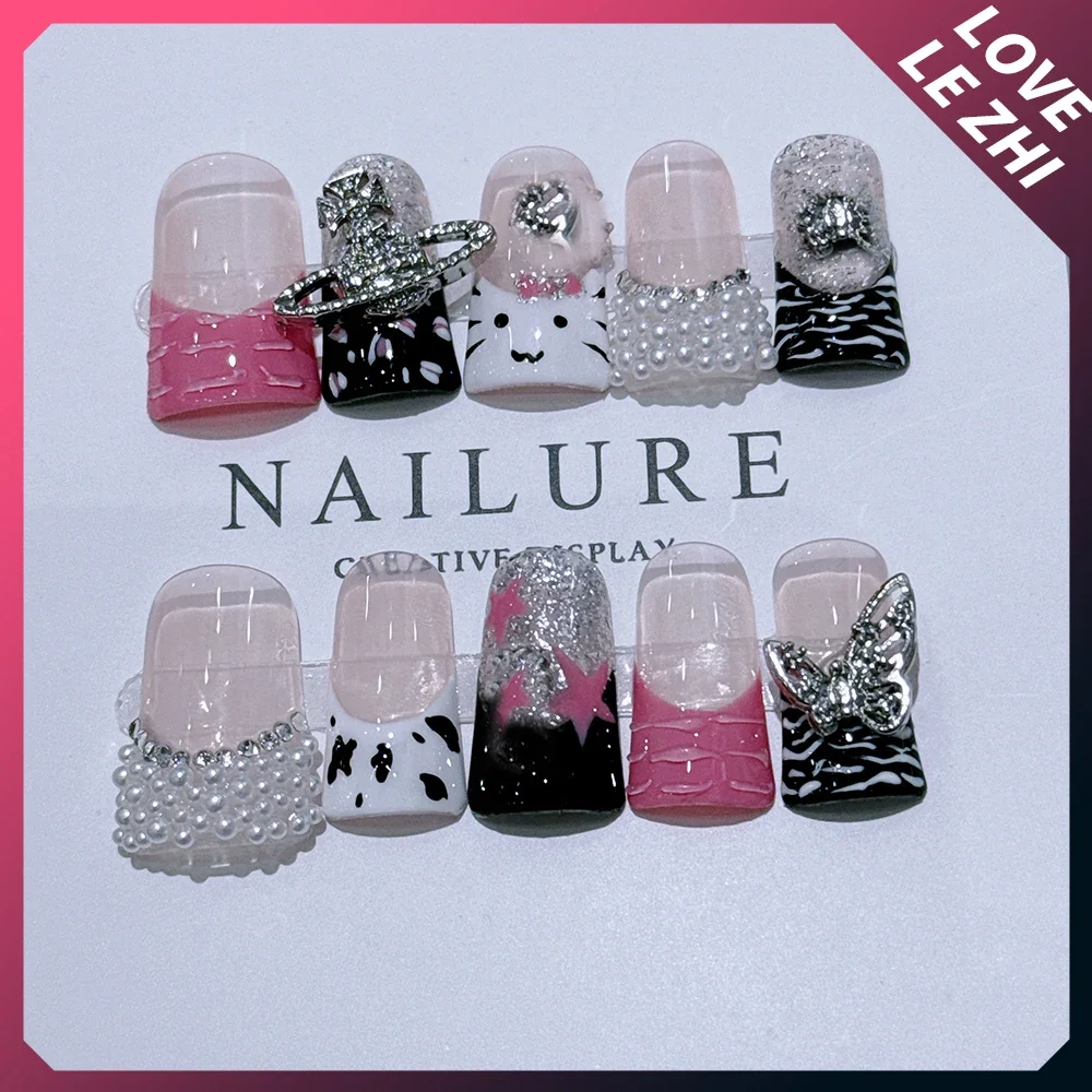 Kawaii Sanriod Hello Kitty Detachable Fake Nails Cartoon Duck Web Rhinestone Mymelody Cinnamoroll Kuromi Full Cover Nail Tips