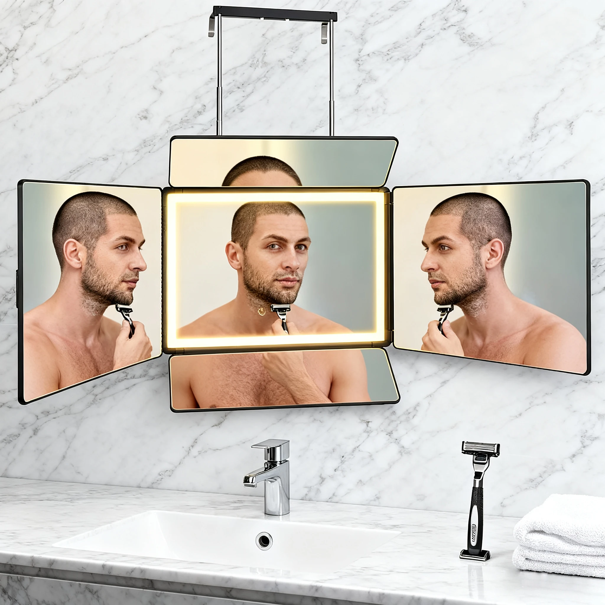 กระจก 5 ด้านแบบมืออาชีพ - ไฟ LED, ดีไซน์ป้องกันฝ้า, ปรับความสูงได้ การตัดผมระดับซาลอนที่บ้าน