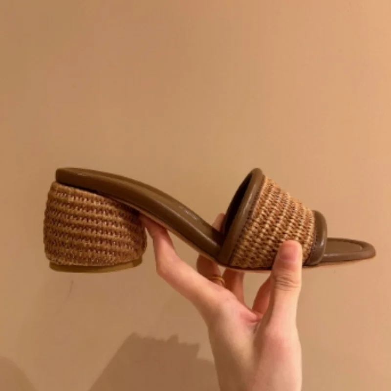 

2025New Designer Arrival Open Toe Wedges Casual Shoes Woman One Step Slippers Outdoor Weave Beach Sandals Comfortable High Heel