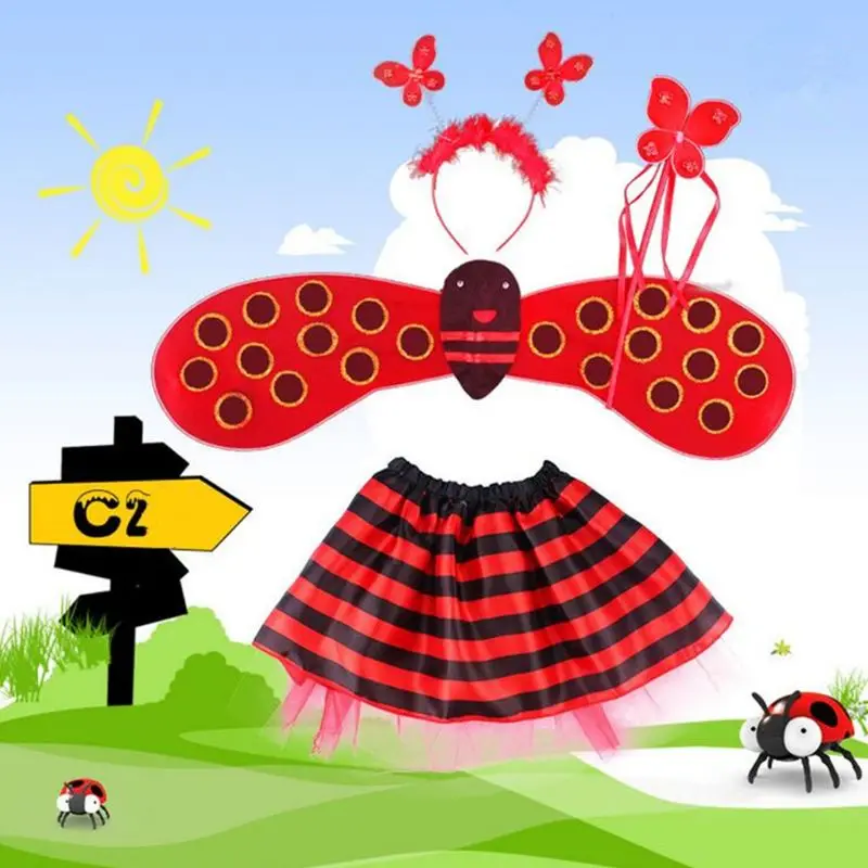 4Pcs/Set Kid Fairy Costume Set Ladybird Glitter Wing Striped Layered Tu Dropshipping