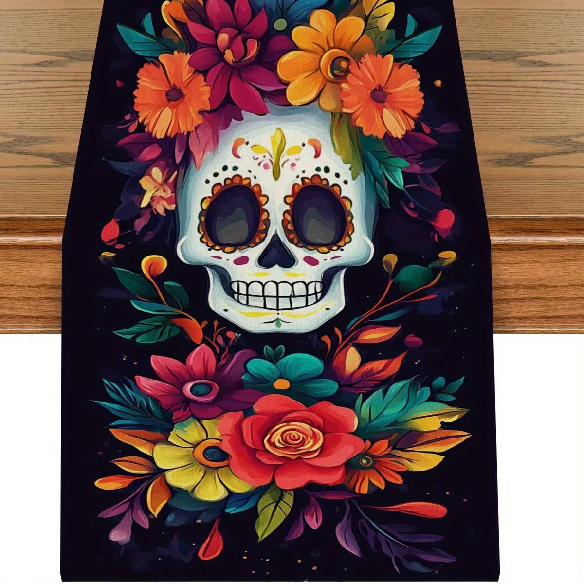 

Mexican Day of The Dead Linen Table Runner for Table Decoration Día De Los Muertos Skull Floral Table Runner Kitchen Party Decor