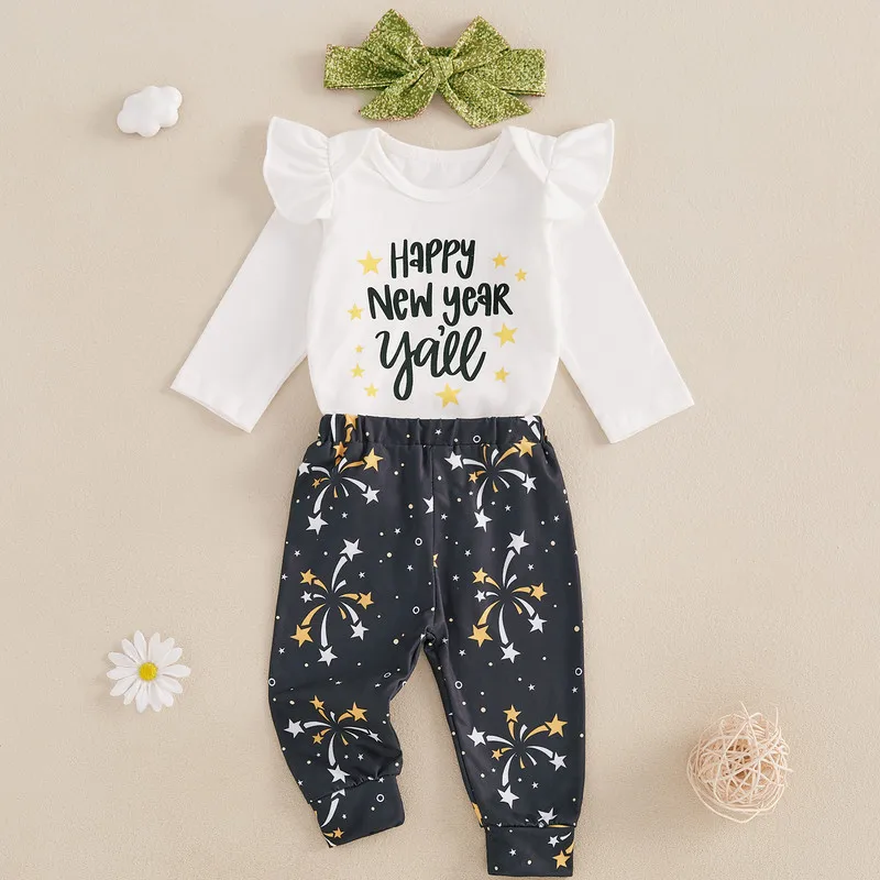 

0 to 18 Months Baby Girls New Year Pant Sets Spring Autumn Clothes Letter Long Sleeves Bodysuit and Firework Pants