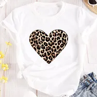 Leopard Heart Print Women T-Shirt Short Sleeve Crew Neck Casual Top for Spring & Summer Women's Clothing Female Tops Tees