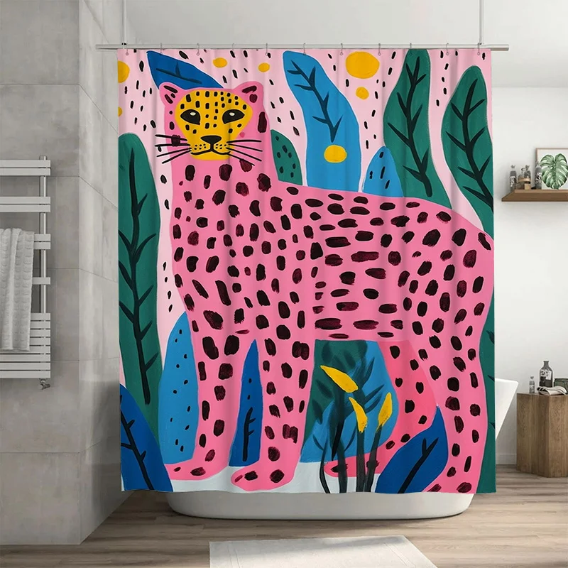 Vibrant Printed Animal Shower Curtain: Leopard Design in Bold Pink with Green Leaves Waterproof Fabric for Bathroom Decoration