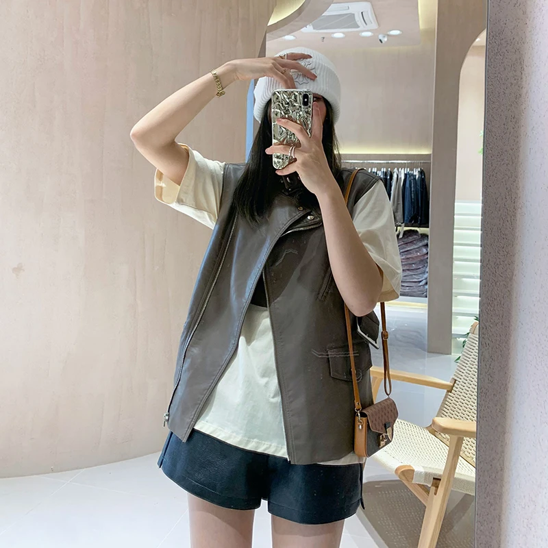 Mùa Xuân Năm 2023 Hàn Quốc Cổ Đứng Tay Giả Da PU Áo Vest Với Tất Casual Chaqueta Cuero Mujer Nâu Nữ Áo