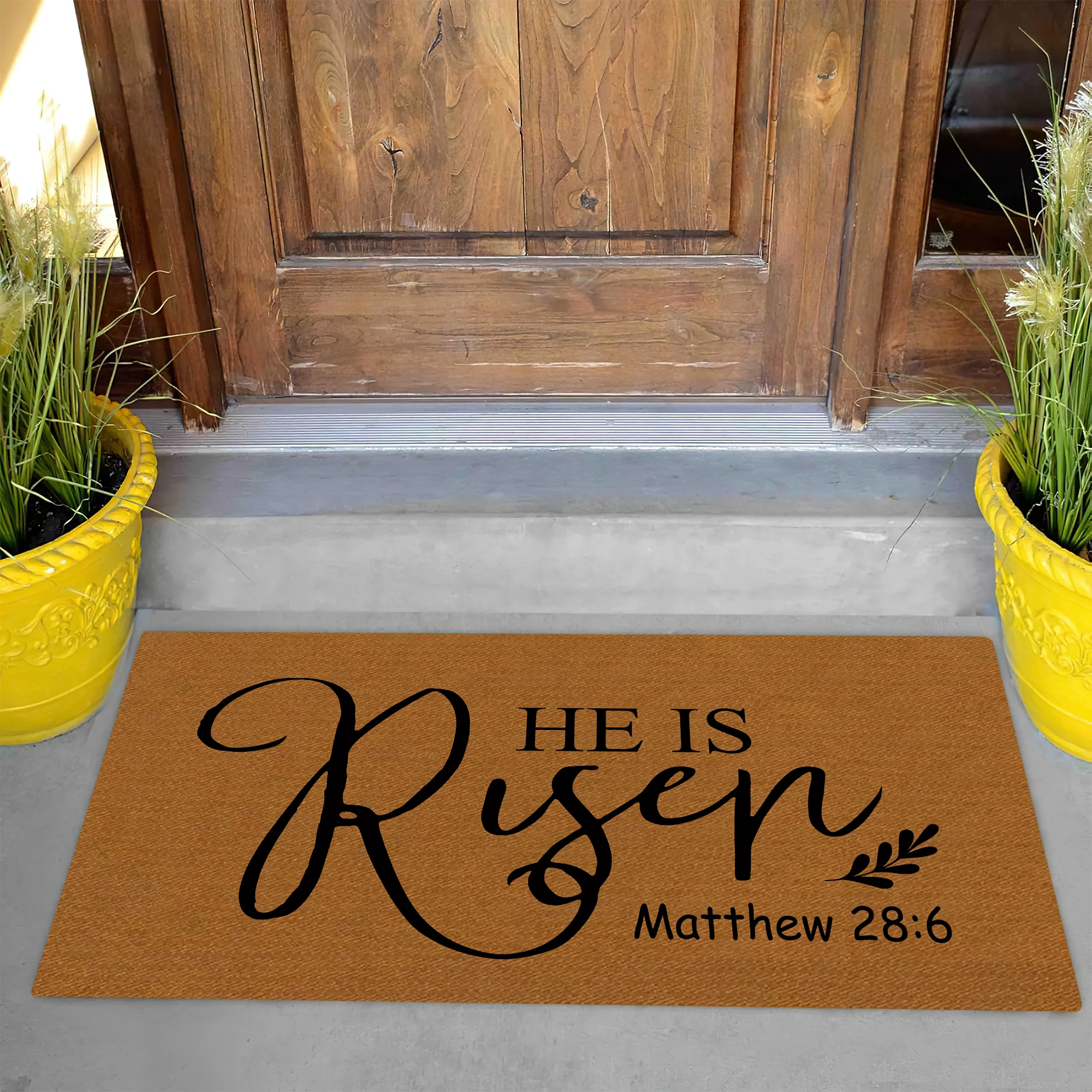 He Is Risen Matthew 28:6 Christian Doormat Non-woven Rubber Backed Welcome Mat Religious Bible Verse Floor Rug for Easter Home