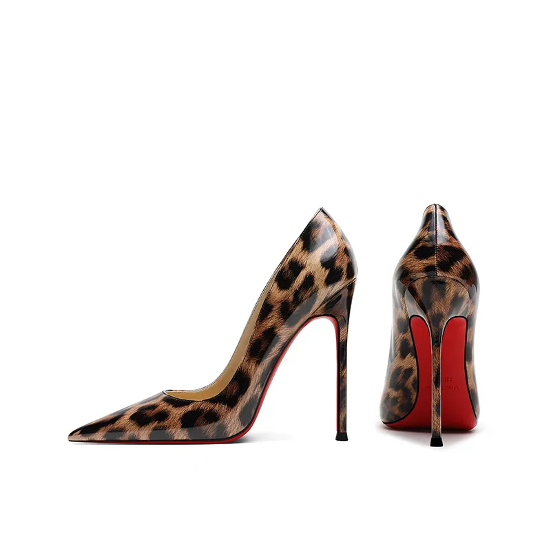 Spring New Red Sole High Heels Women\'s Thin Heels Shallow Mouth French Sexy Leopard Print Mesh Red Single 34-44