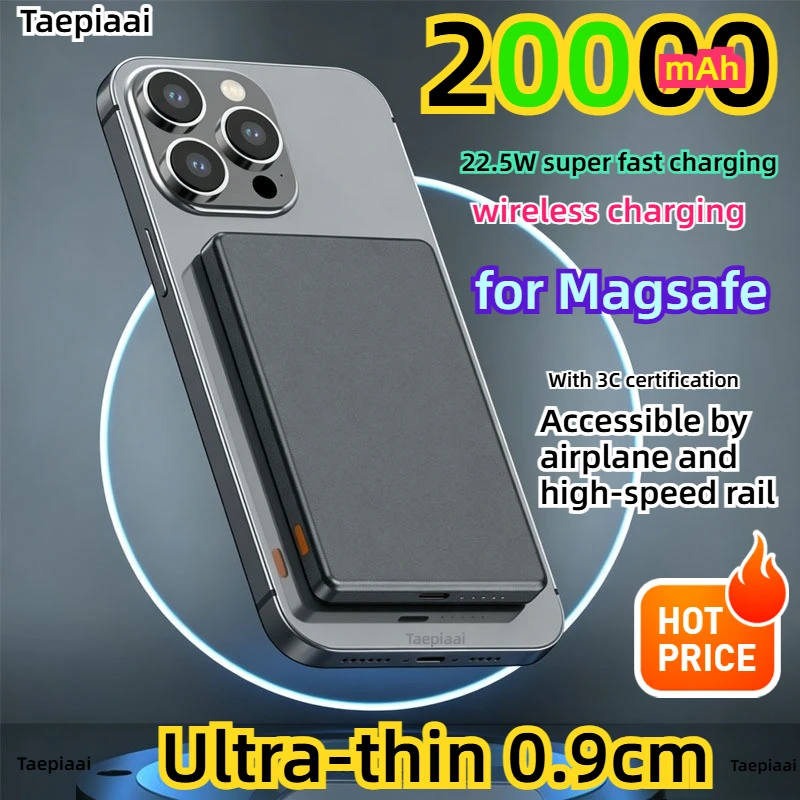 

Taepiaai20000mAh Magnetic Wireless PowerBank Fast Charging PD22.5W Portable External Thin Battery for Magsafe for IPhone Samsung