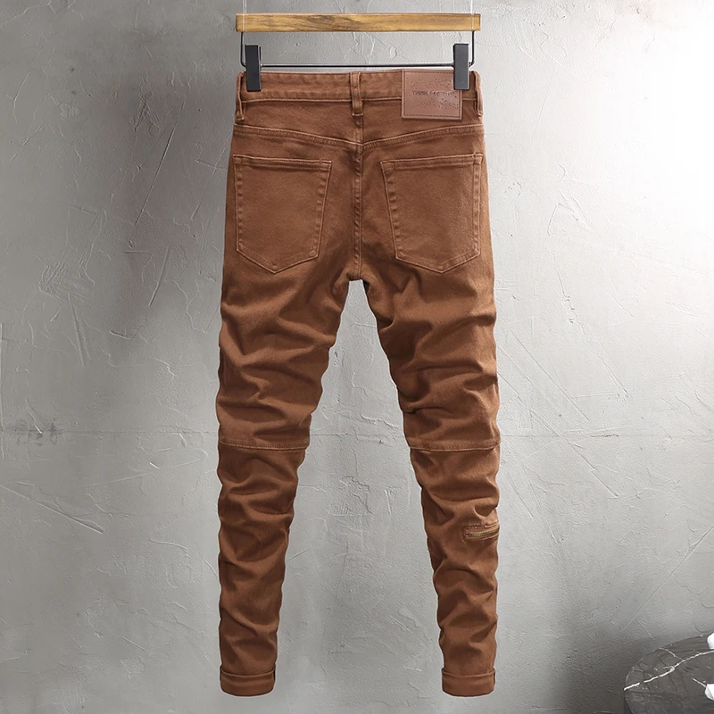 Street Fashion Men's Jeans Vintage Khaki Elastic Tight Split Jeans Men's Designer Vintage Denim Pants Hombre