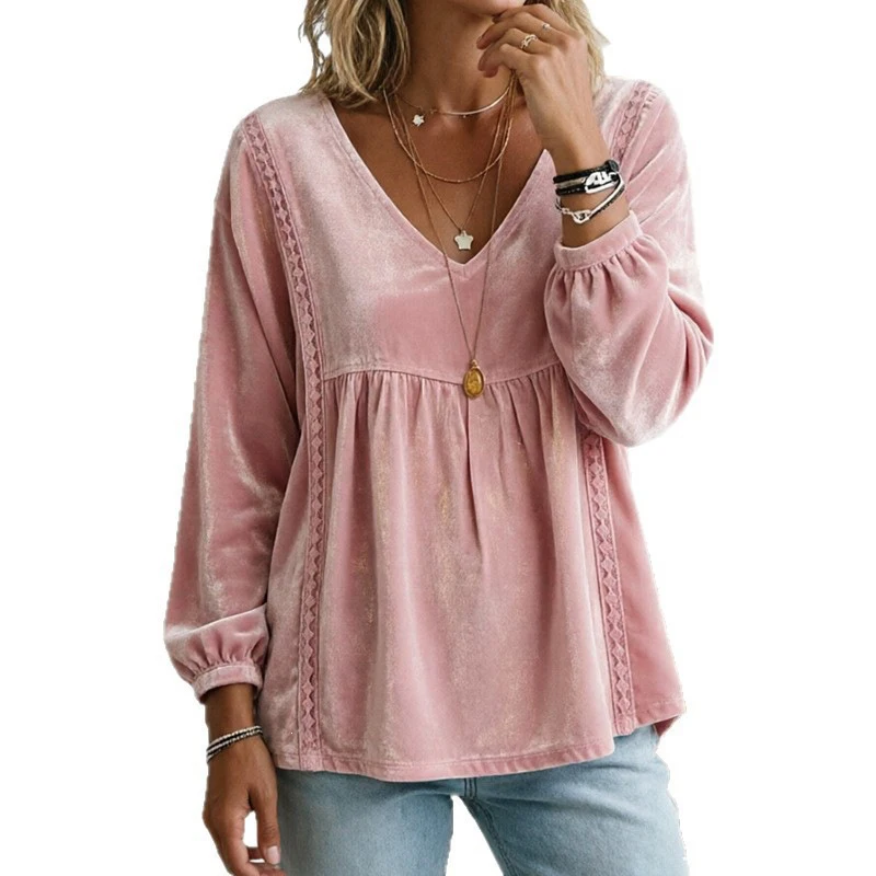 For Velvet Women\'s Casual For Top Solid Color for v Neck Long Sleeve Loose for Fit with Subtle Lace Trim for All Day Comfort