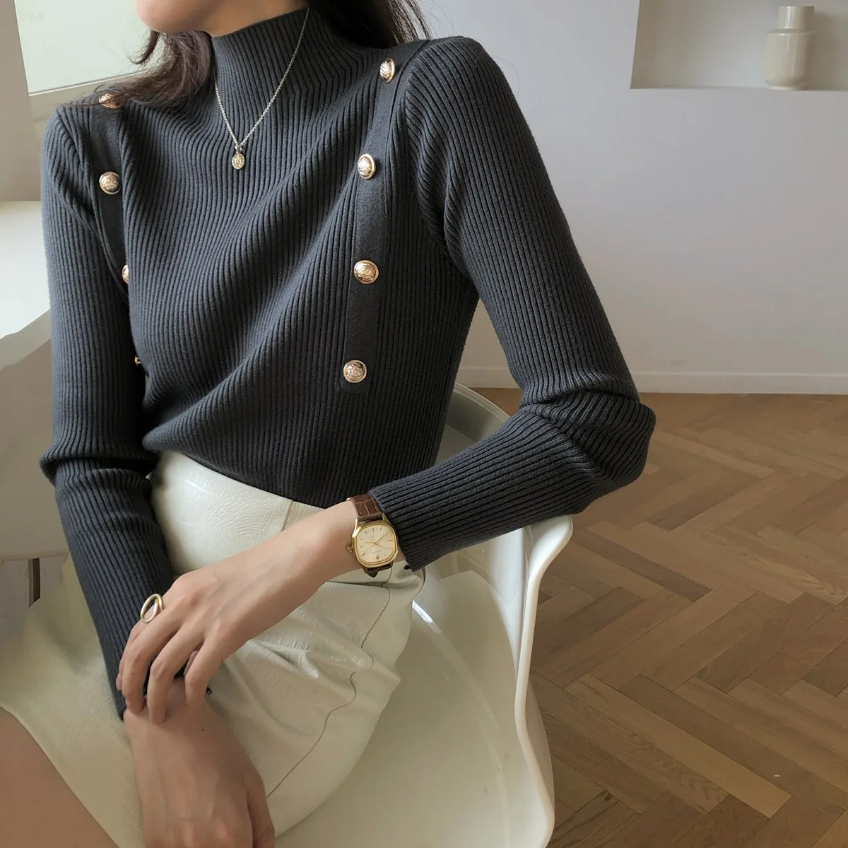 

Retro Spring Autumn Women's Button up Base irt Slim Fit Knit Sweater f High Collar Trendy Design Inner Wear Thermal Top