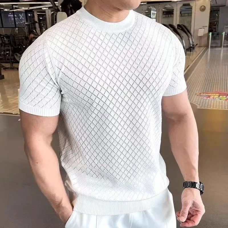 French Style Men Thin Ice Silk Knit T-shirt Crew Neck Hollow Breathable Slim Plaid Short Sleeve Top