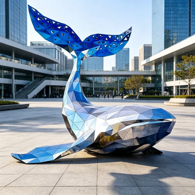 Geometric Faceted Stainless Steel Whale Sculpture Two-Tone Custom Decor For Outdoor Commercial Plaza Seaside Landscape