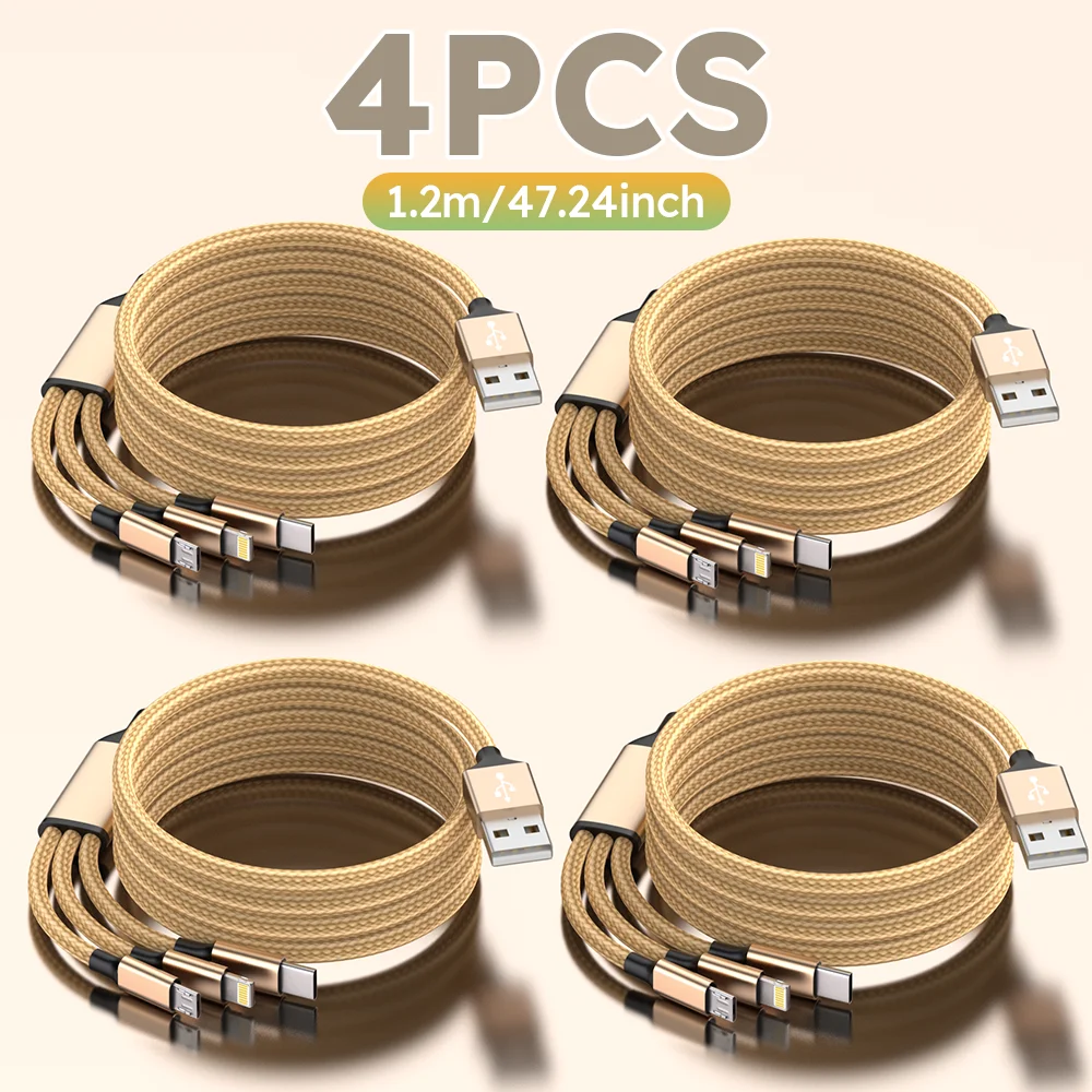 

4 шт. золотых кабелей для быстрой зарядки 3-в-1 с портами Type-C, USB и IP, подходящих для устройств iPhone, Xiaomi и Samsung Android.