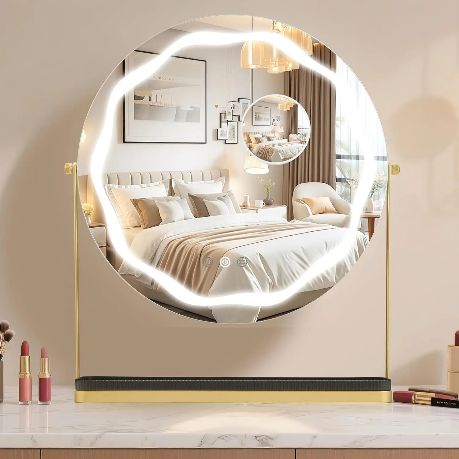 LED Vanity Mirror with Lights Makeup Mirror Smart Touch Control 3-Color Dimmable Lighting with Storage Rack for Dressing Table