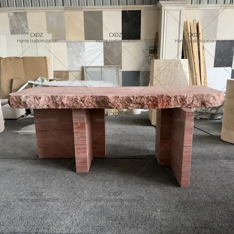 Wabi Sabi Rectangular Red Travertine Dining Table Natural Stone Retro Style High End Furniture for Clothing Store Display