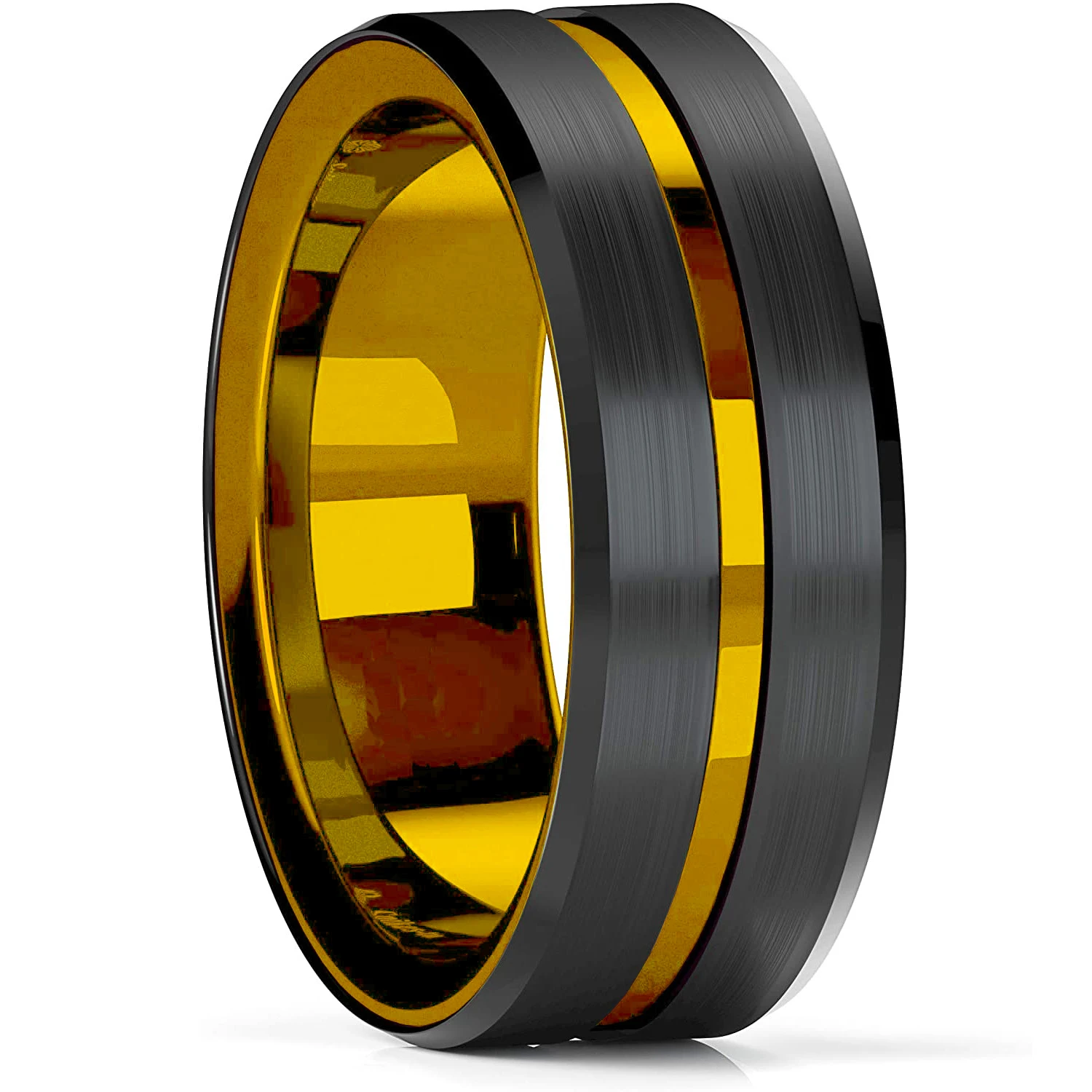 Trendy 8mm Gold Groove Beveled Edge Black Tungsten Wedding Rings For Men Black Brushed Steel Engagement Ring Men's Wedding Band