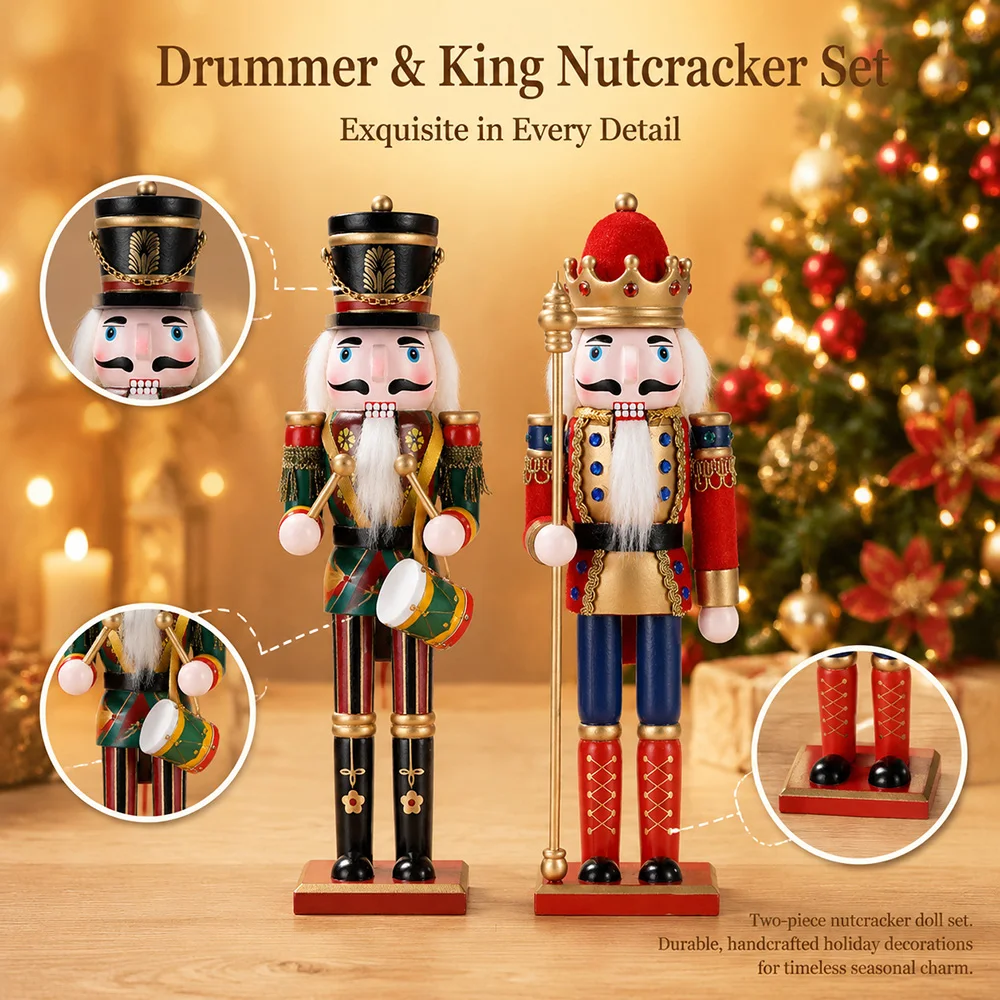 2PCS 30CM Christmas Nutcracker Wooden Nutcracker Ornament Soldier Figure Handcraft Doll Toy Home Office Desktop Decoration Gift