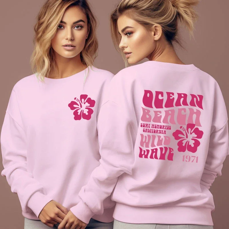 

Pink Flower Floral Design Women Sweatshirt Graphic Ocean Beach Hoodie Flower Slogan Front and Back Pattern Women Fall Sweatshirt