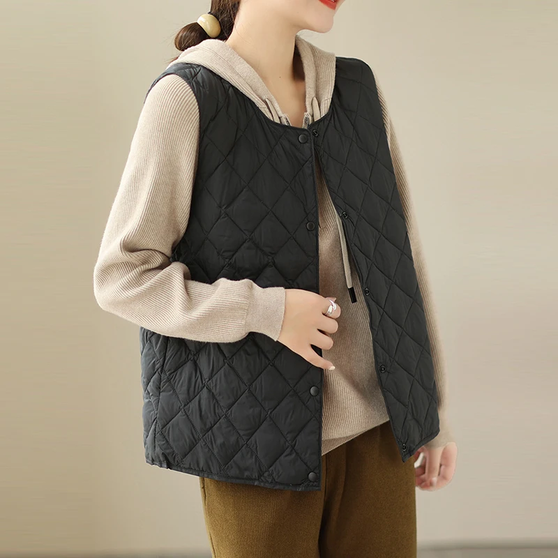 2023 Winter Women Black Beige Warm Plaid Cotton Vest Casual Single-Breasted Short Sleeveless Jacket Female Thicken Outwear