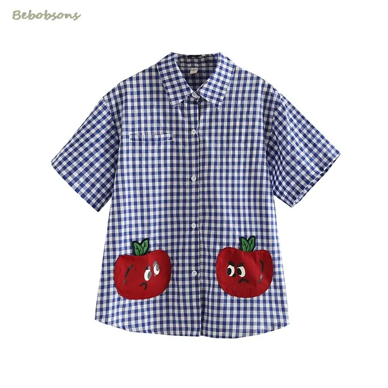 Bebobsons Original Niche Design Women Summer Blouse Short Sleeve Cartoon Apple Embroidery Ladies Casual Loose Shirt Tops